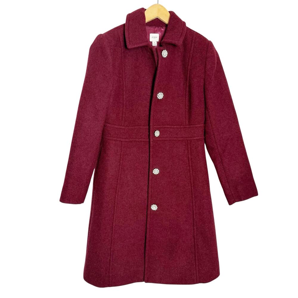 J.Crew Red Wool Lady Day Jeweled Rhinestone Button Coat Size 0 Petite - Picture 2 of 12